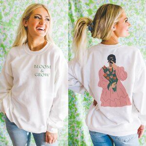 Green Bloom and Grow Floral White Sweatshirt
